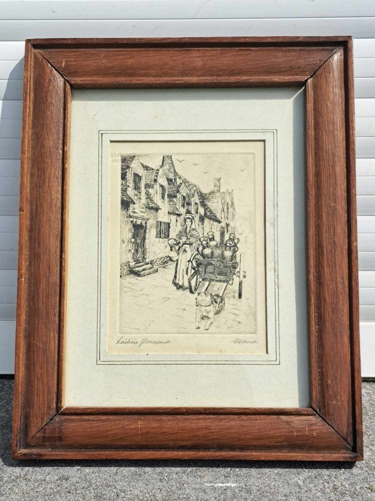 eau forte laitiere flamand signe maud, Antiquités & Art, Enlèvement ou Envoi