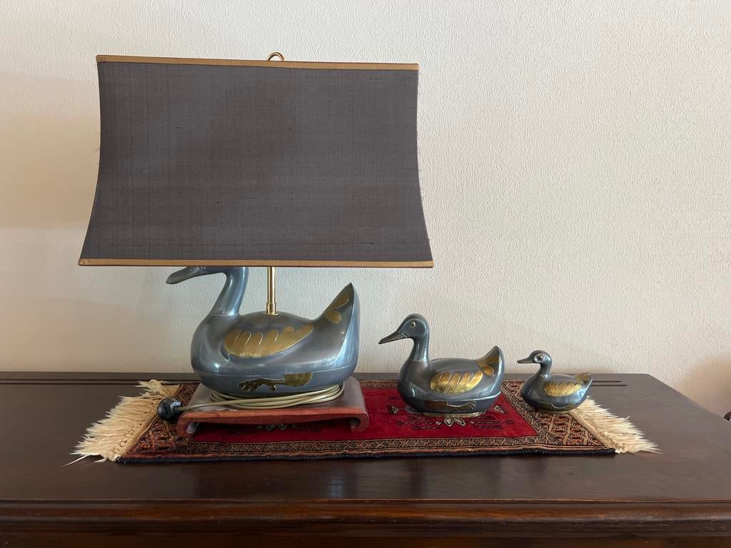 Vintage Hollywood Regency eendenlamp set - Mid Century, Huis en Inrichting, Lampen | Tafellampen, Ophalen, Zo goed als nieuw, Metaal