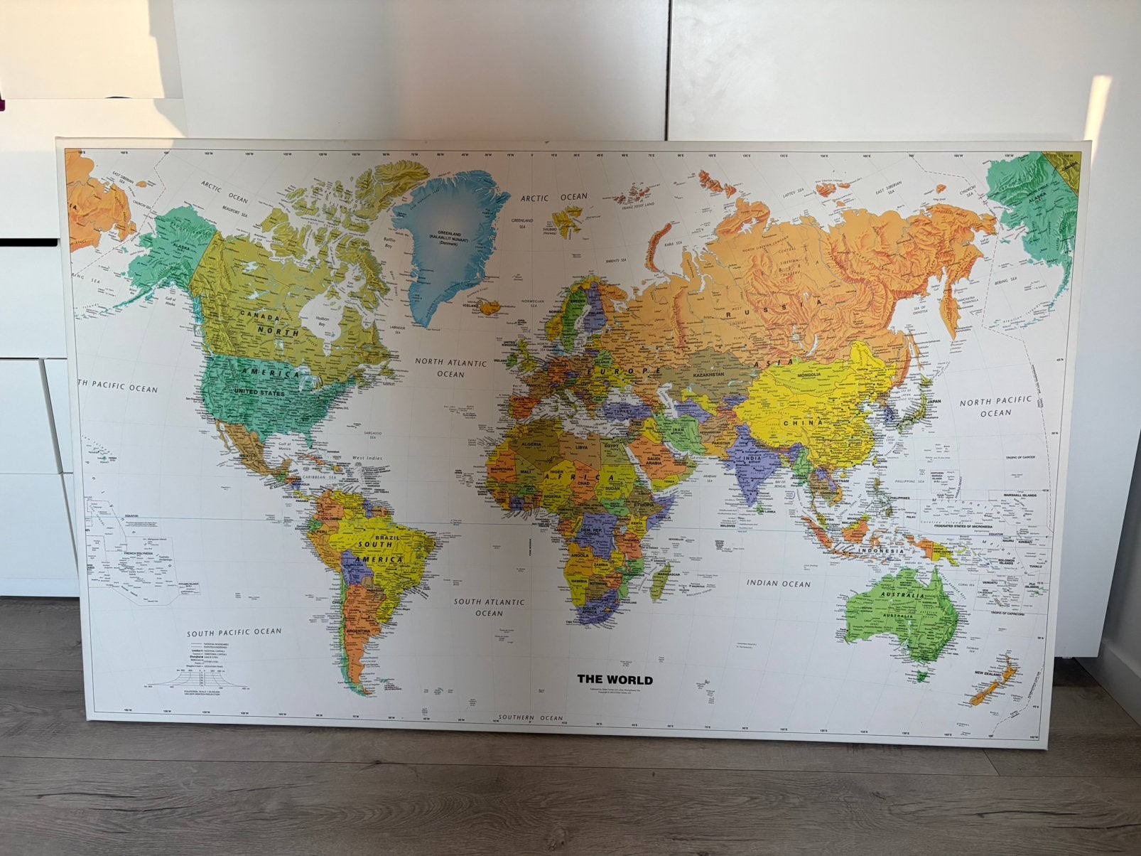 Wereldkaart 90x150cm op houten kader 3cm, Ophalen