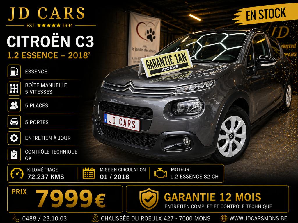 CITROËN C3 1.2 ESSENCE 72MKM ‼️GARANTIE 1 AN CTOK‼️, Argent ou Gris, Achat, Euro 6, Garantie prolongée