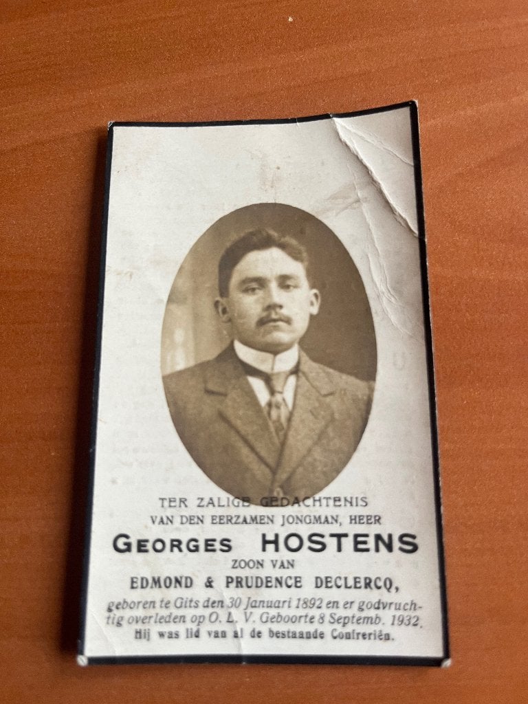 Rouwkaart G.Hostens  Gits 1892 + 1932, Verzamelen, Bidprentjes en Rouwkaarten, Verzenden, Rouwkaart
