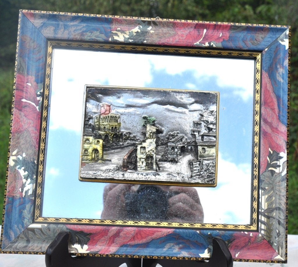 cadre miroir avec motif de paysage en relief central, Enlèvement ou Envoi, Plastique, Objet de décoration, Vintage