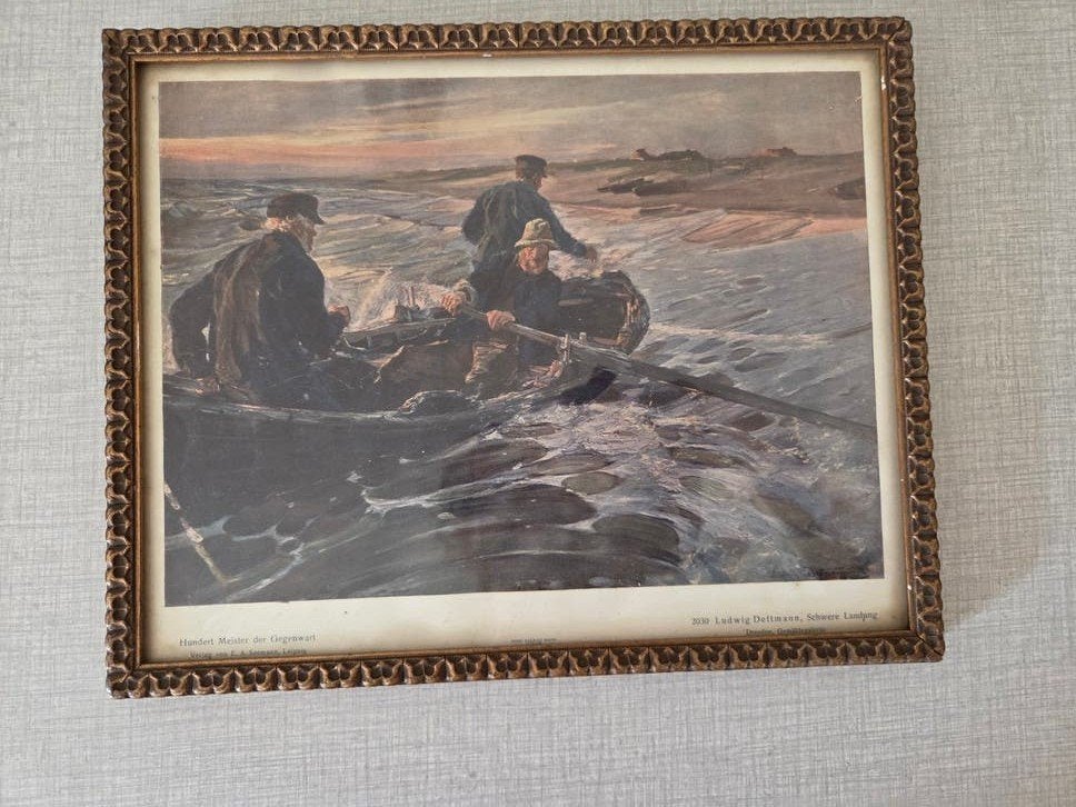 Antieke kader, prent mannen in sloep., Ophalen of Verzenden, Klassiek, Portret of Personen