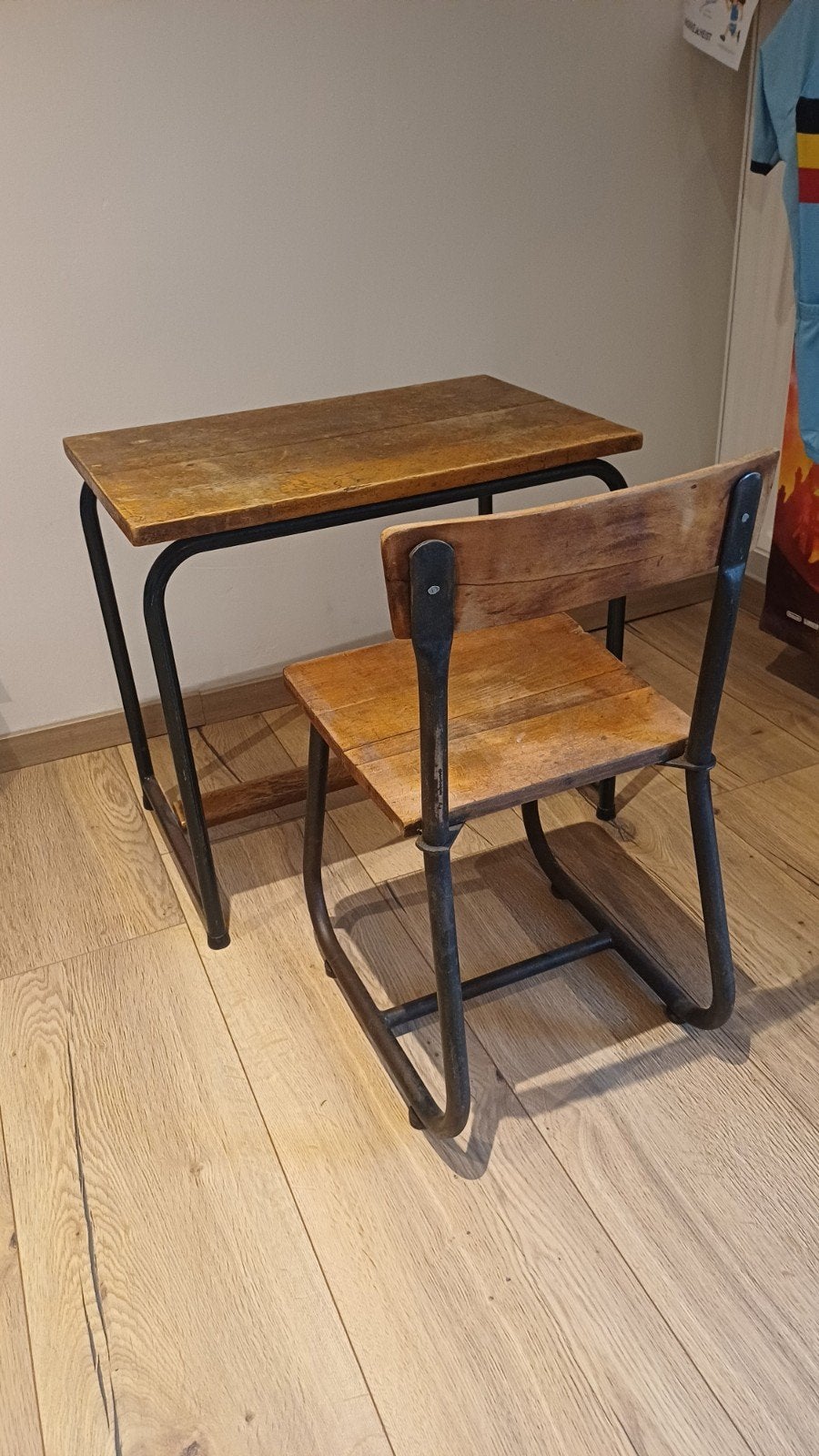 Vintage Industriële Schoolset - Lessenaar & Stoel - Hout/Met, Ophalen