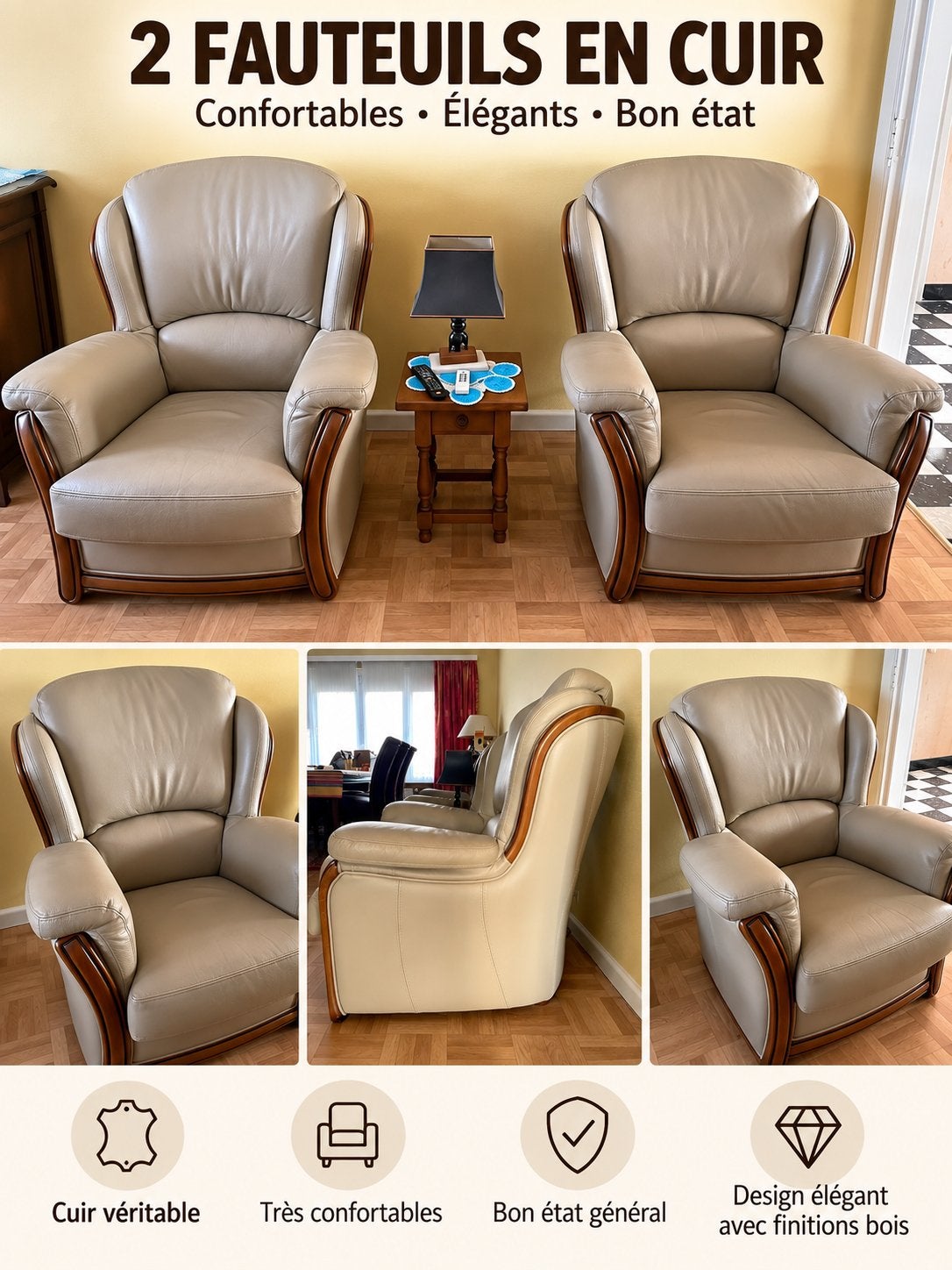 2 fauteuils en cuir beige avec finitions bois, 75 à 100 cm, Comme neuf, Enlèvement, Bois