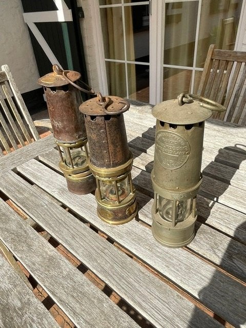 Set van drie antieke messing/koperen mijnlampen ca 1930, Antiquités & Art, Antiquités | Accessoires de maison, Enlèvement