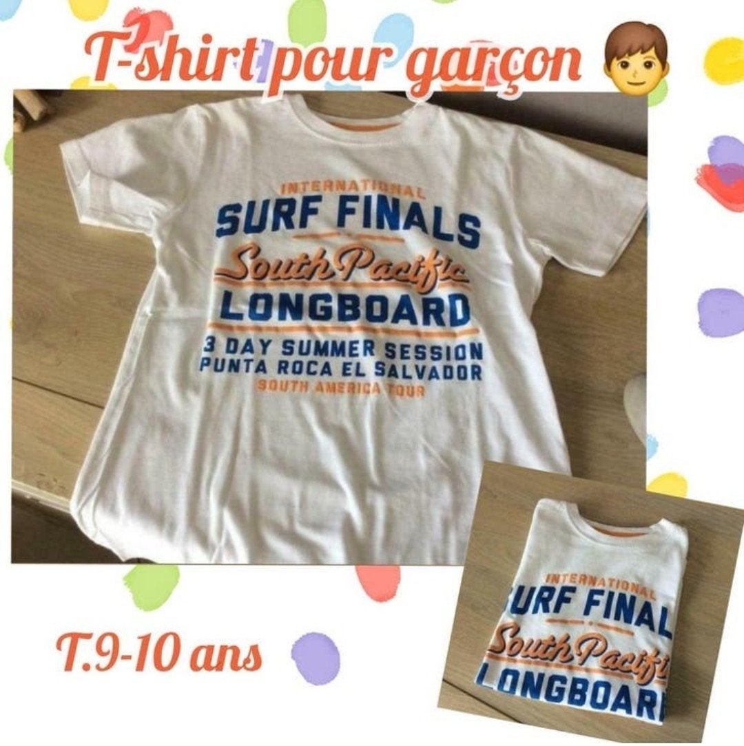 T-shirt MC pour garçon -blanc avec écriture-T.9-10 ans, Enfants & Bébés, Enlèvement ou Envoi, Utilisé, Garçon