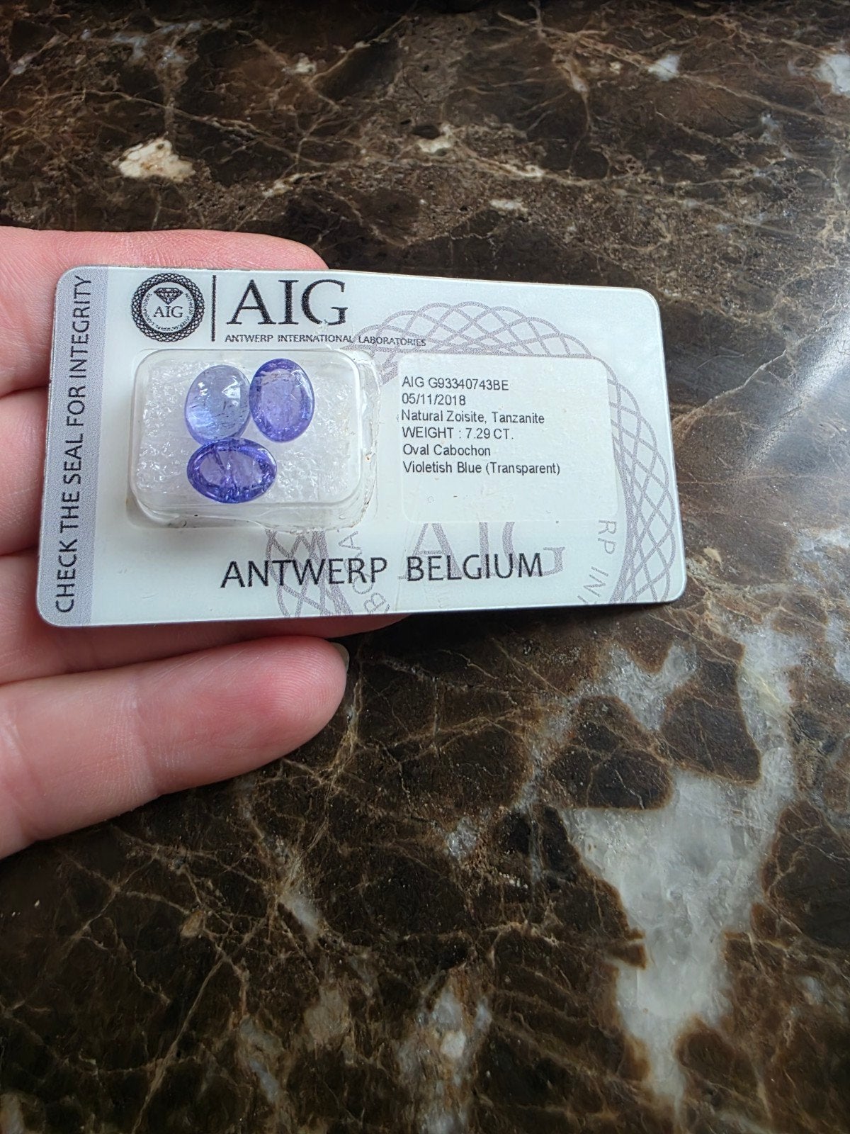 3 tanzanieten 7,26kt , Certificaat AIG, Ophalen of Verzenden, Nieuw