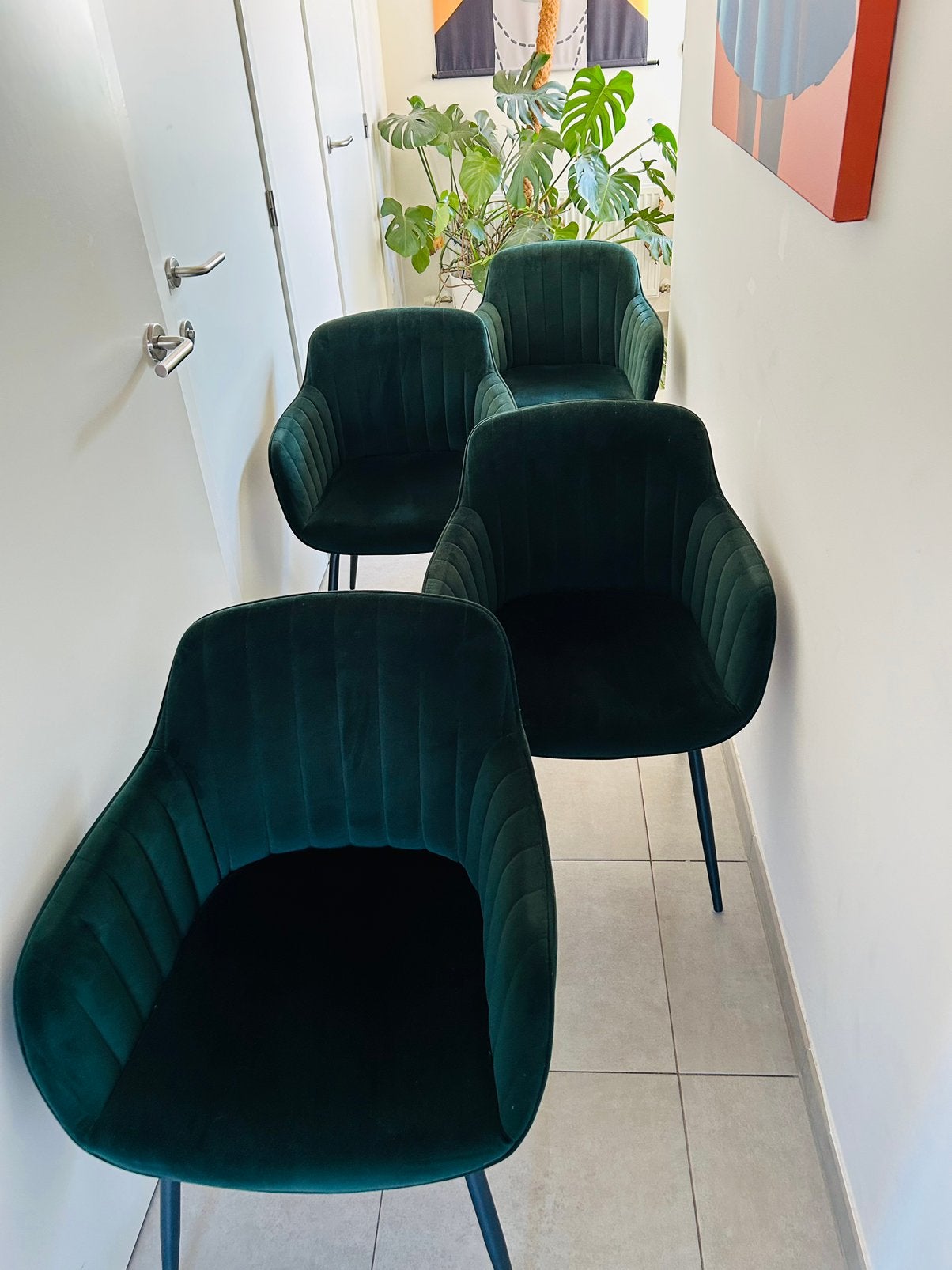 4 donkergroene stoelen, Huis en Inrichting, Stoelen, Ophalen, Gebruikt, Overige kleuren
