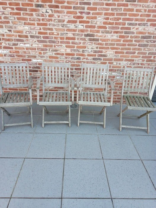 4 bistro tuinstoelen teak + gratis tafel rotan onderstel., Tuin en Terras, Ophalen, Gebruikt, Rotan, Inklapbaar