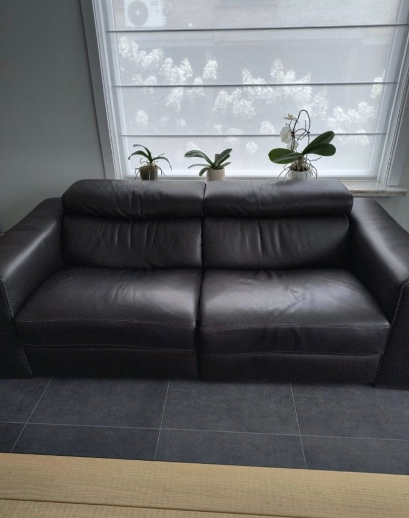 Donkerbruine lederen salon Natuzzi, Autres dimensions, Klassiek, Banc droit, Comme neuf