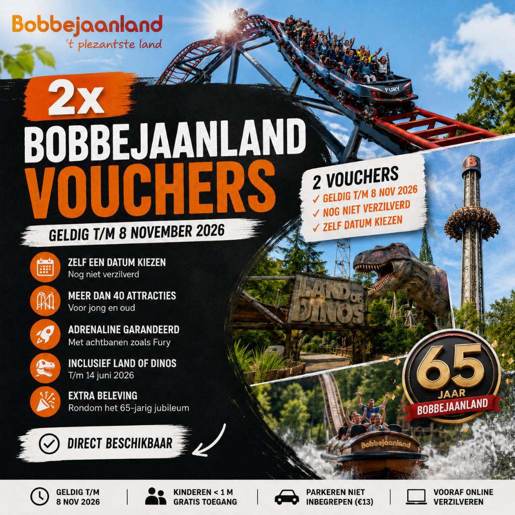 2x Bobbejaanland vouchers | Geldig t/m 8 november 2026, Tickets en Kaartjes, Twee personen, Arrangement, Ticket of Toegangskaart
