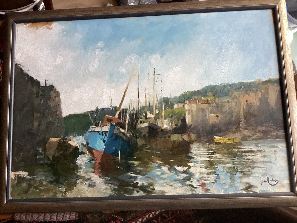 Schilderij Haven getekend J. Ambrose. P121/Ea., Antiek en Kunst, Kunst | Schilderijen | Klassiek, Ophalen, Paneel