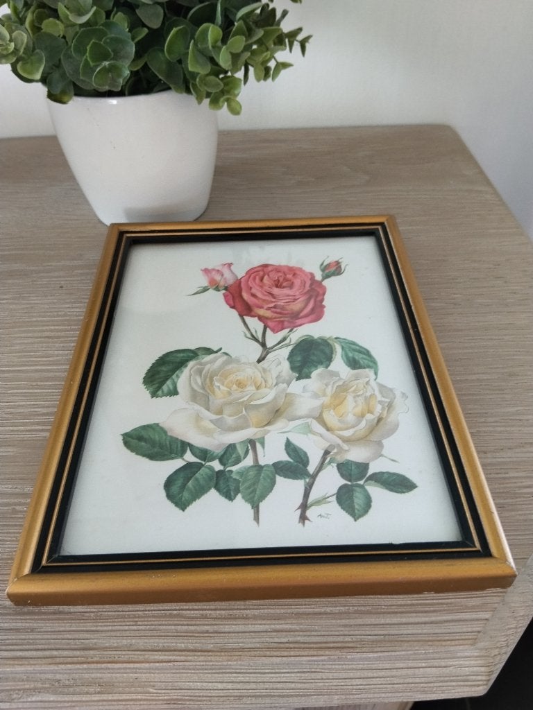vintage houten kader met bloemprent achter glas, Vintage, Ophalen of Verzenden, Zo goed als nieuw, Achter glas