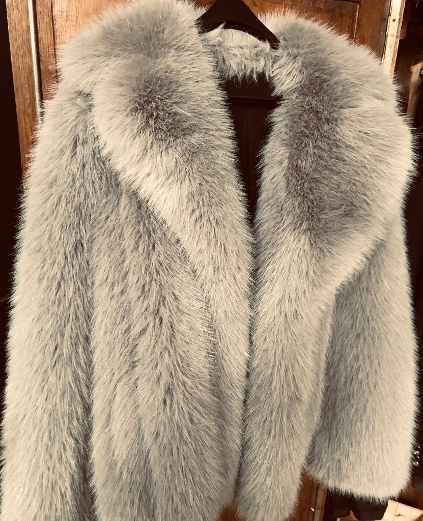 VESTE EN FOURRURE ACRYLIQUE (renard gris), Taille 38/40 (M), Gris, Comme neuf, N8Boutique London
