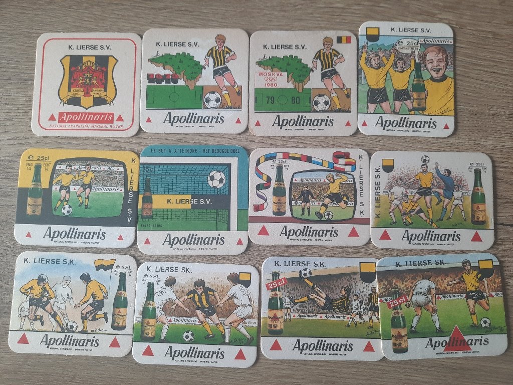 12 verschillende apollinaris Lierse van 1976 - 1991, Sport en Fitness, Ophalen of Verzenden, Gebruikt, Clubaccessoires