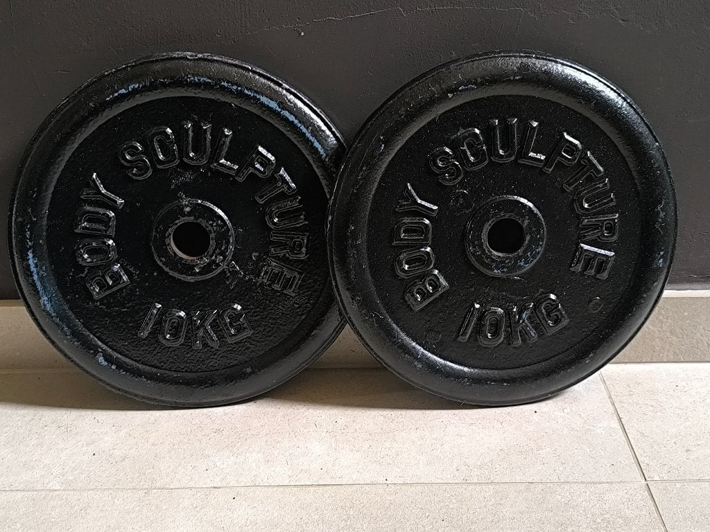 2 x 10kg plaques de musculation de BODY SCULPTURE (30mm)., Enlèvement, Utilisé, Dos, Plaques d'haltères