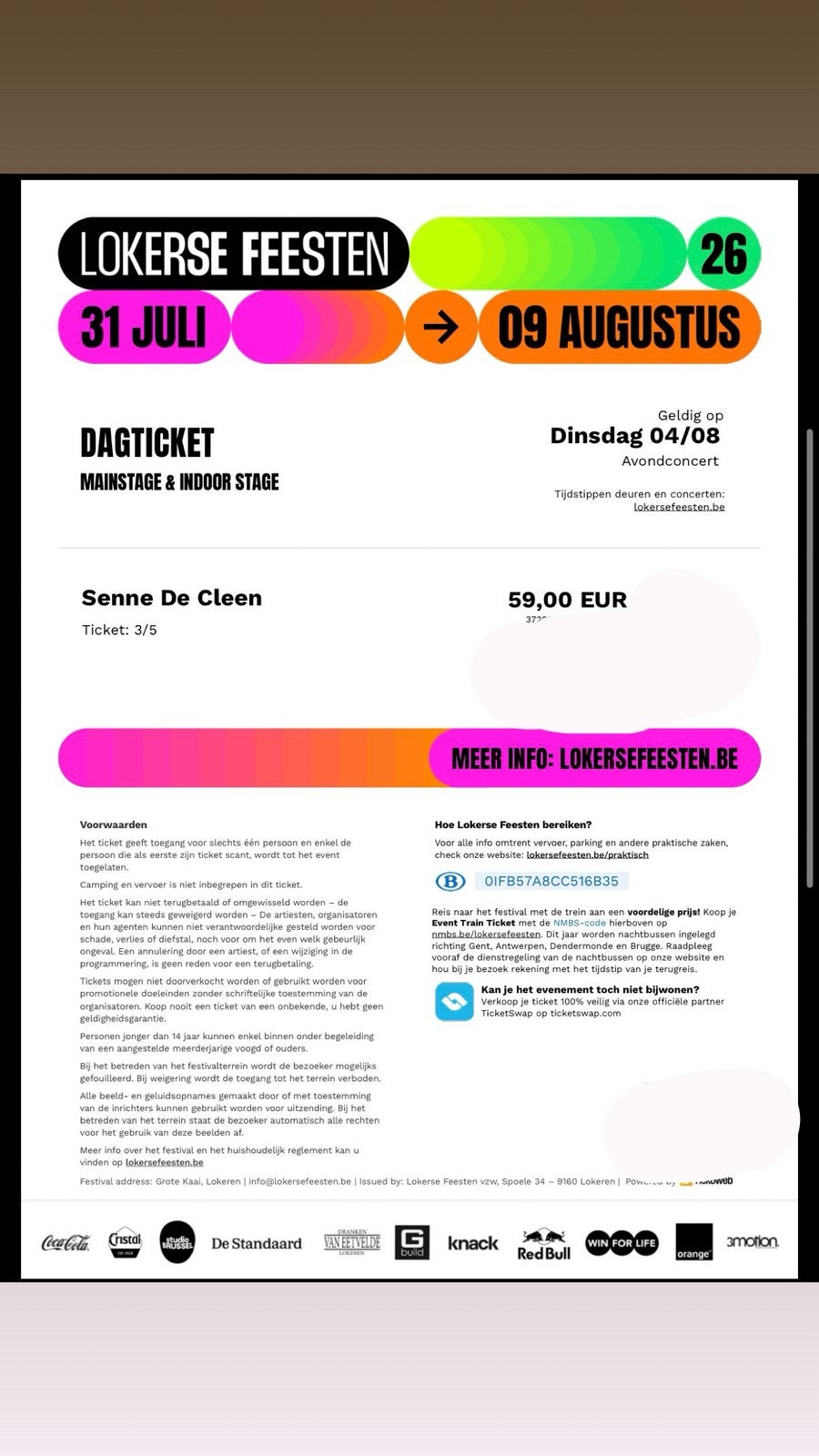Ticket Lokerse Feesten dinsdag 04/08, Tickets en Kaartjes, Eén persoon