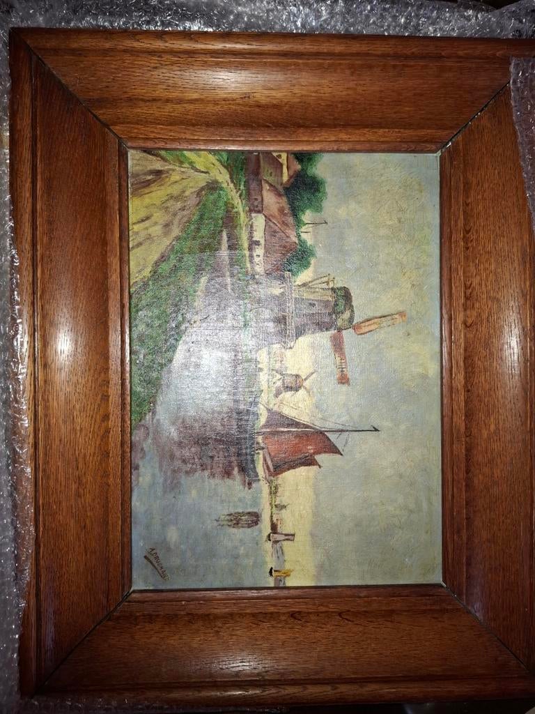 Havenzicht Bootje en molen A. Brugman, Ophalen of Verzenden