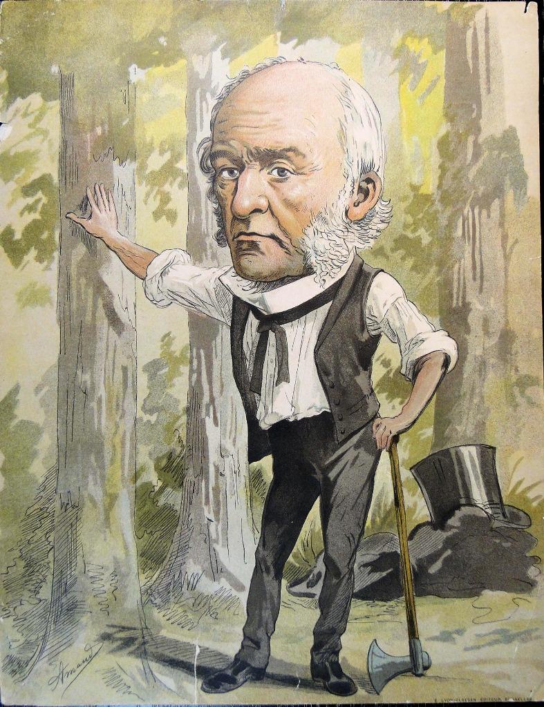 litho - Amand -  Caricatuur.  Man met bijl en hoge hoed., Ophalen of Verzenden