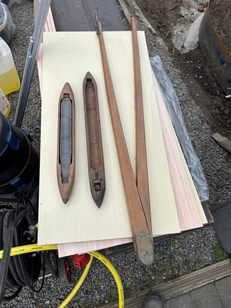 2x houten spoel + grote houten passer, Antiek en Kunst, Ophalen