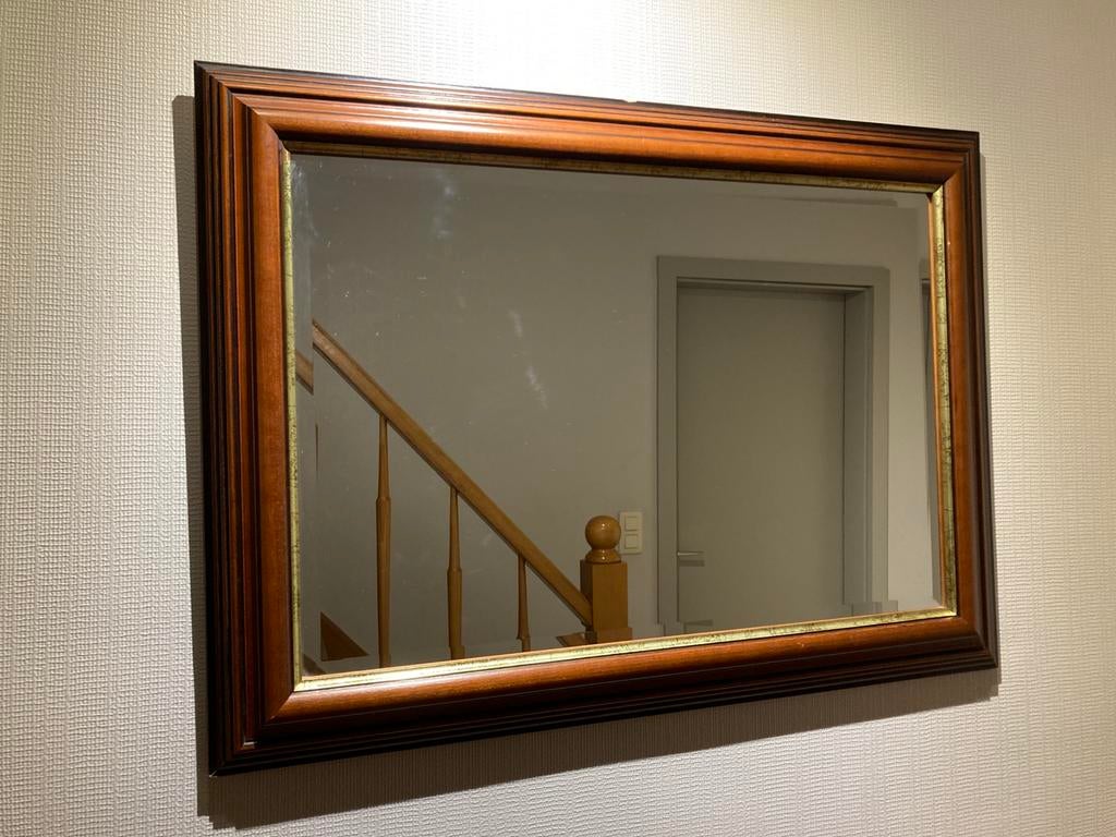 Mooie wandspiegel met houten kader en verguld randje, Ophalen, Rechthoekig, Minder dan 100 cm