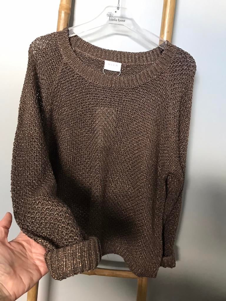 Pull Vila mailles brun avec fil brillant, neuf. Taille L., Vila, Neuf, Brun