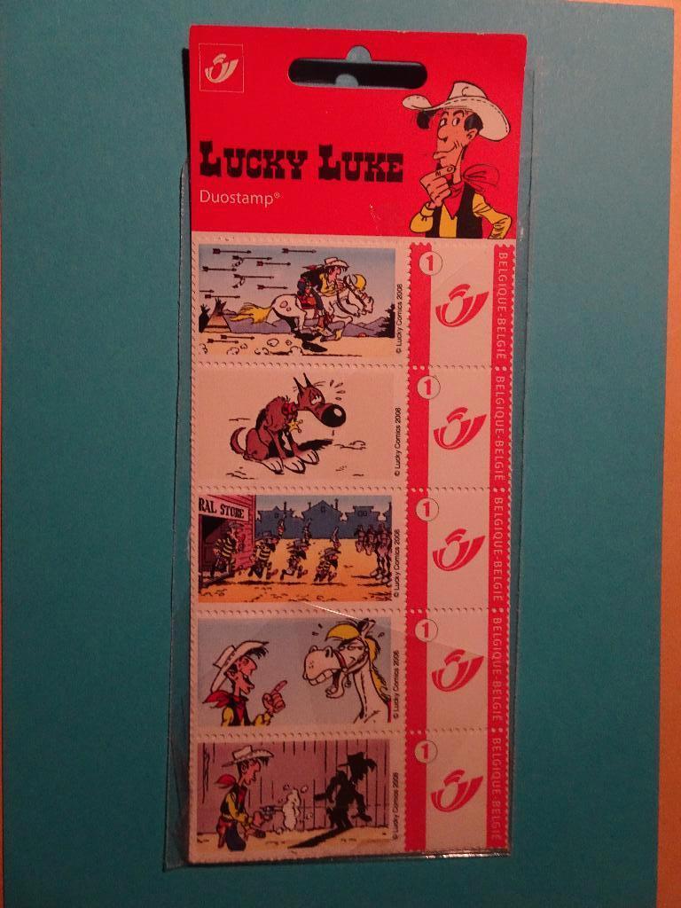 Feuillet 5 timbres Lucky Luke Duostamp, Collections, Personnages de BD, Neuf, Image, Affiche ou Autocollant, Autres personnages