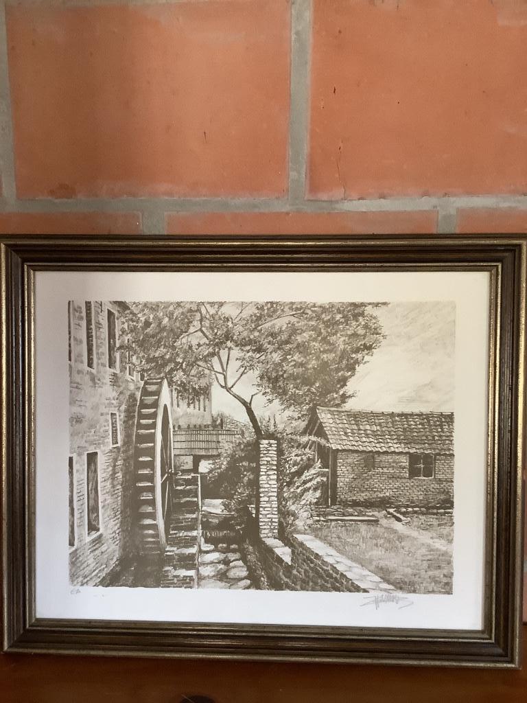 Tekening watermolen gesigneerd, Antiek en Kunst, Ophalen