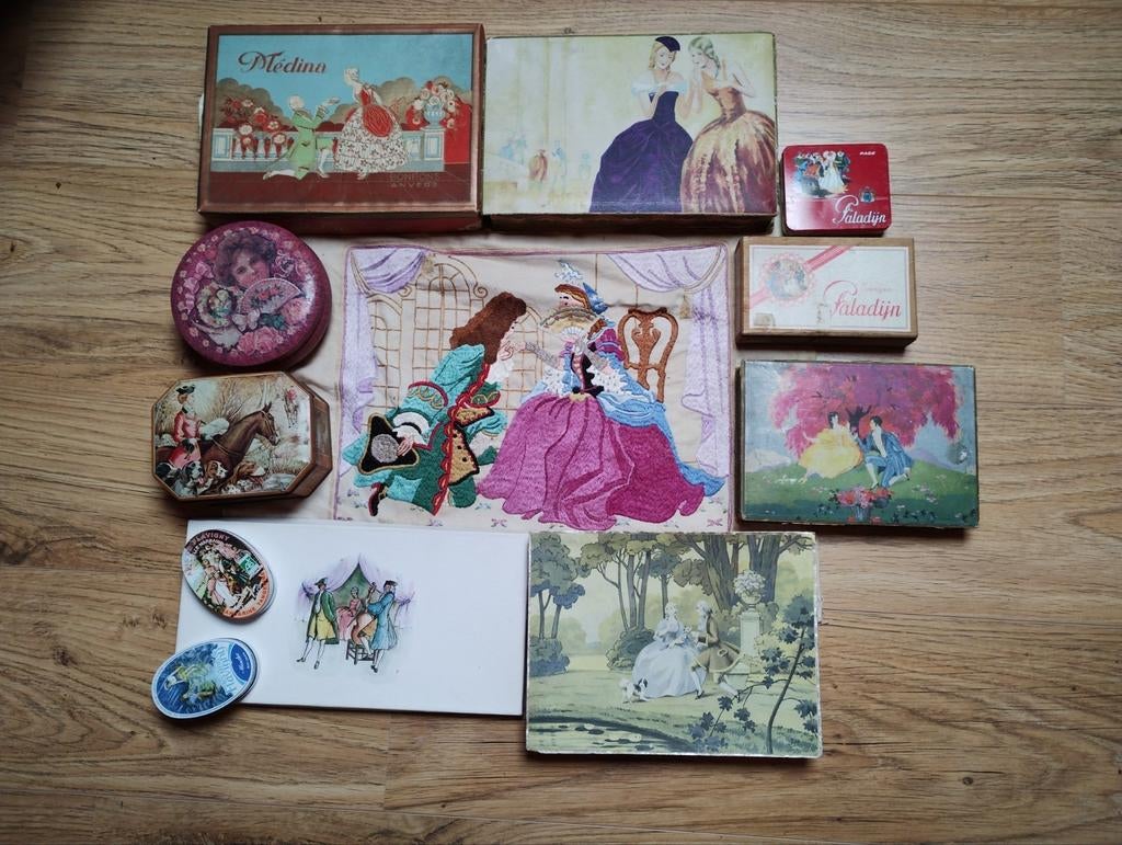 kasteel romantiek doosjes doos blik borduurwerk, Antiek en Kunst, Curiosa en Brocante, Ophalen of Verzenden