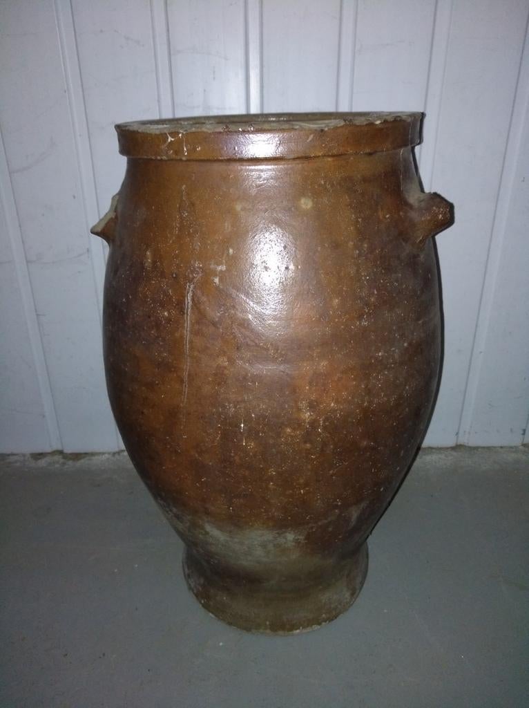 Ancienne jars en grès  brun avec un trou percé  dans le fond, Jardin & Terrasse, Enlèvement ou Envoi, Utilisé
