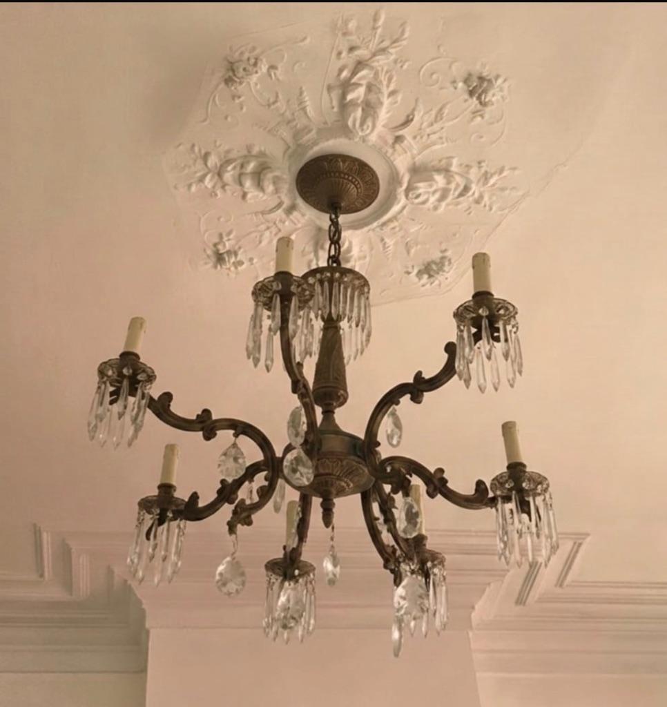 Lustre en bronze et cristal, Ophalen, Gebruikt, Glas, Ancien