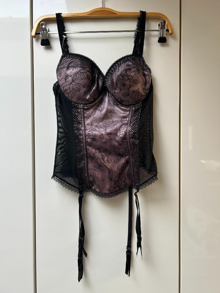 Etam zwart en roze satijnen korset - Maat 36, Etam, Ophalen of Verzenden, Zwart, Body of Korset
