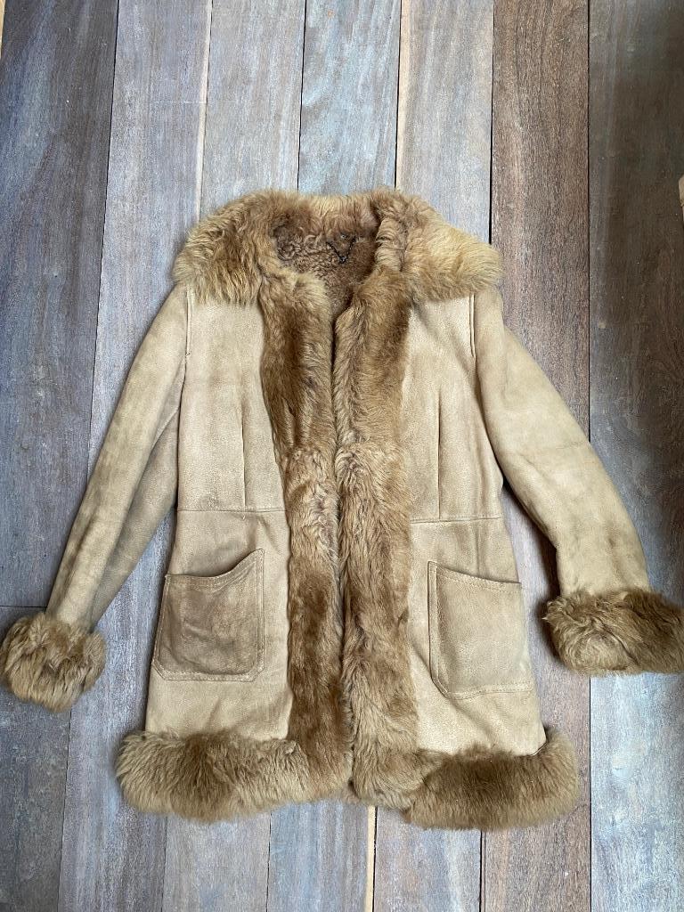 Manteau 3/4 mouton retourné véritable 42 camel vintage, Taille 42/44 (L), Création artisanale, Beige, Porté