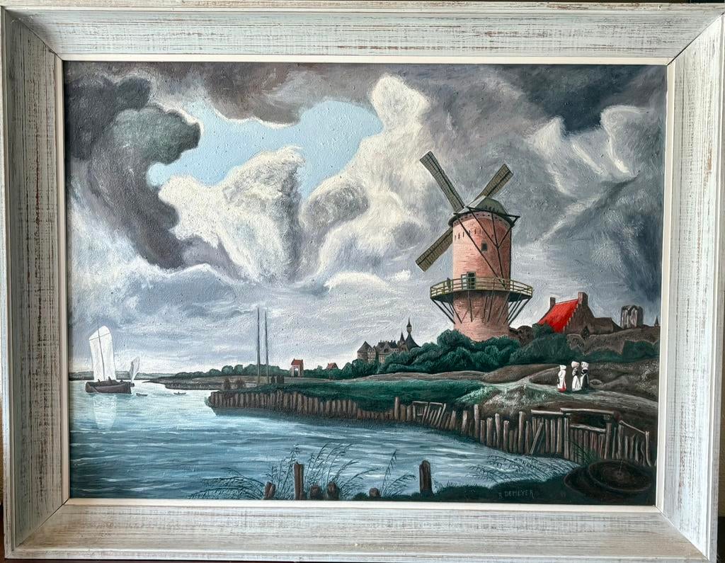 Schilderij Landschap met molen olieverf, Ophalen