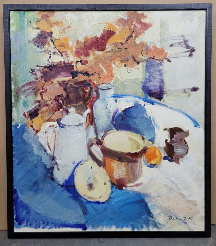 Leo BOSSELAERS, de witte koffiekan, Antiquités & Art, Enlèvement ou Envoi, Toile, Nature morte, Signé