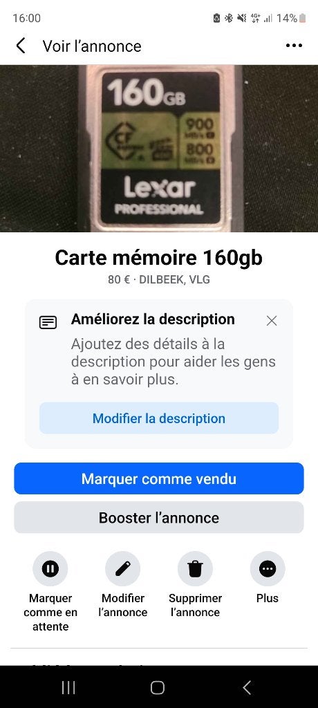 Carte mémoire lexar, Enlèvement ou Envoi