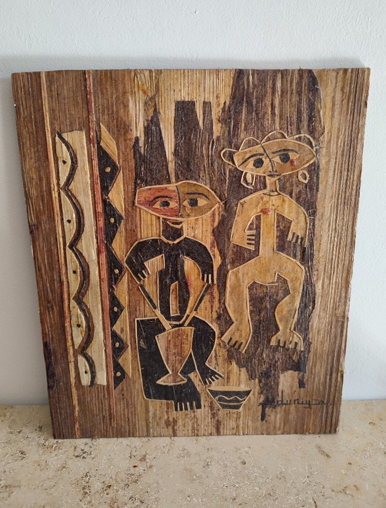 Œuvre d'art du Congo (RDC) avec fibres végétales. Dédicacé, Antiquités & Art, Art | Art non-occidental, 22 cm, Afrique, Décoration murale