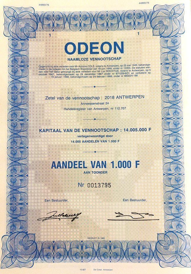 Odeon (Rex concern Antwerpen) 1988, Postzegels en Munten, Ophalen of Verzenden, 1970 tot heden, Aandeel