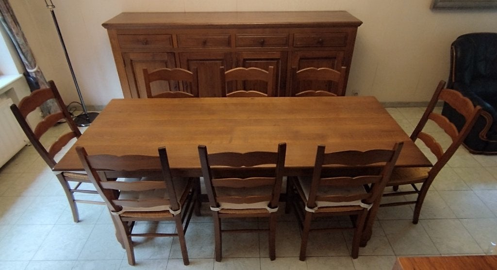 eetkamer van massief eikenhout, Ophalen, Zo goed als nieuw, Solide mobilier en chêne traditionnel, 8 stoelen of meer