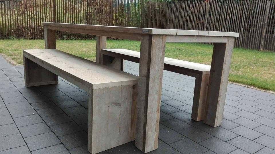 Steigerhouten tafel + 2 banken set NIEUW, Tuin en Terras, Tuintafels, Nieuw, Ophalen