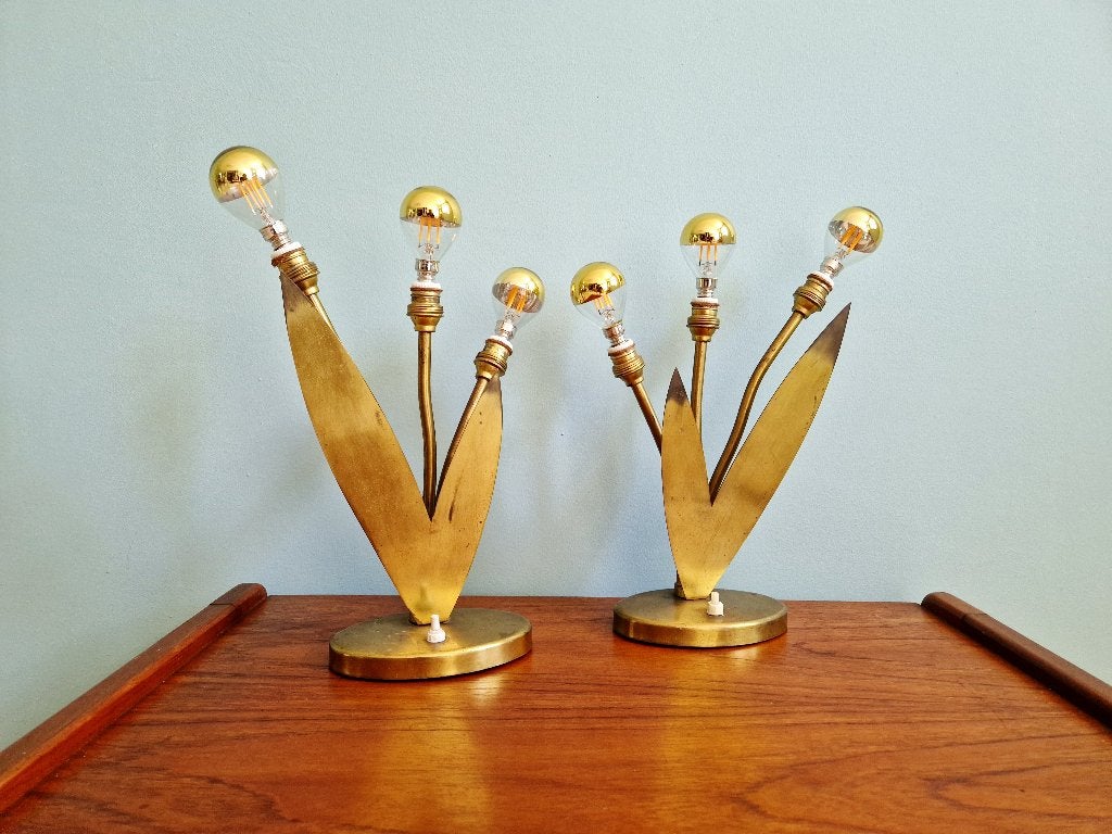 Paire de lampes florales en laiton, Mid-century, 1950, Enlèvement ou Envoi