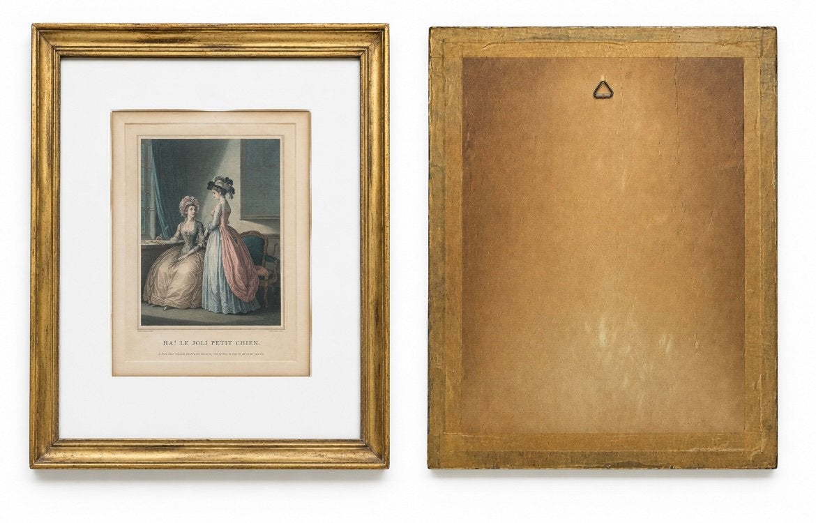Antieke Franse ingelijste gravure – Ha! Le Joli Petit Chien, Encadré, Gravure, Enlèvement, 34 cm