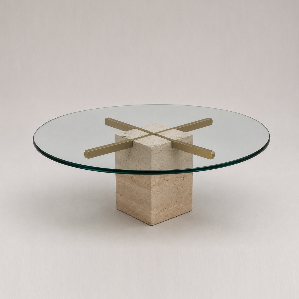 Vintage Italiaans design salontafel messing travertin retro, Verzenden