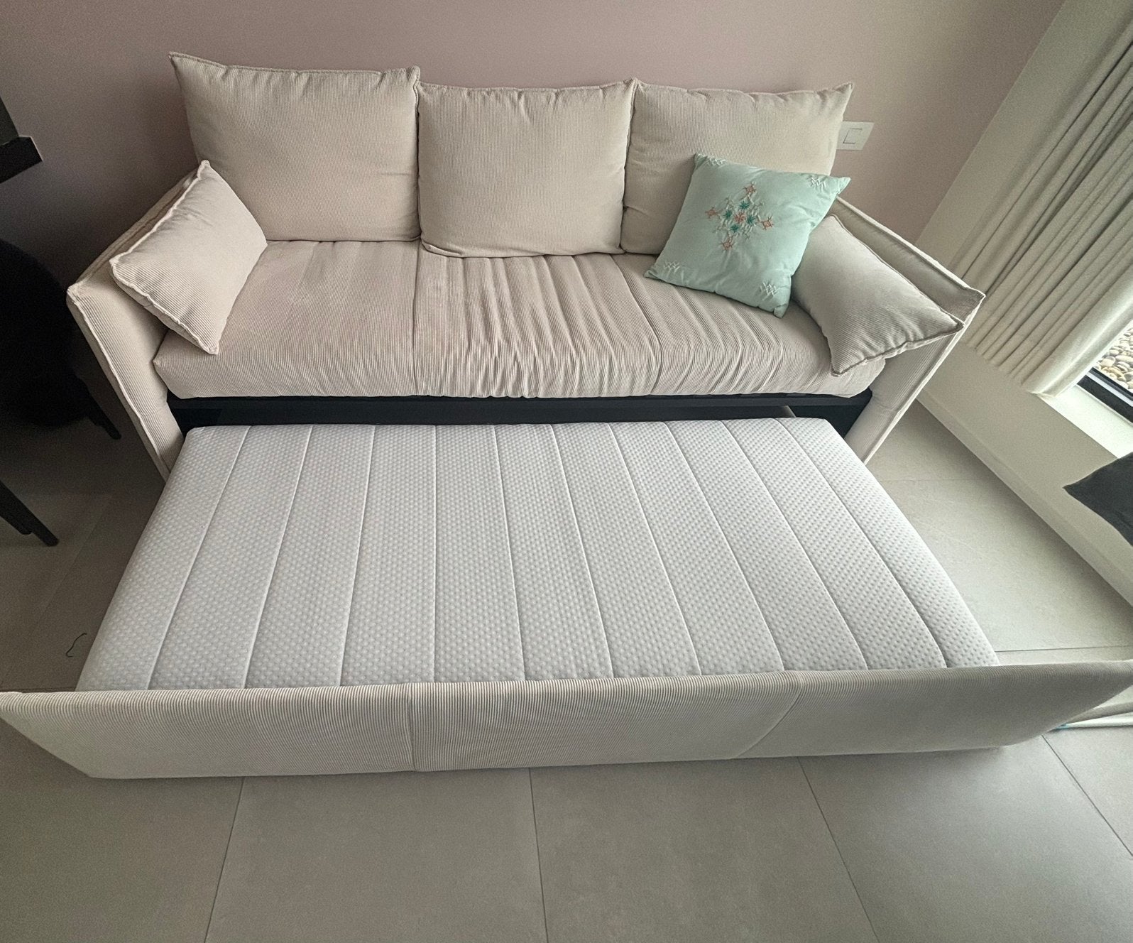 Slaapbank merk Emma matras 2m op 90, Ophalen, 90 cm, Beige, Tweepersoons