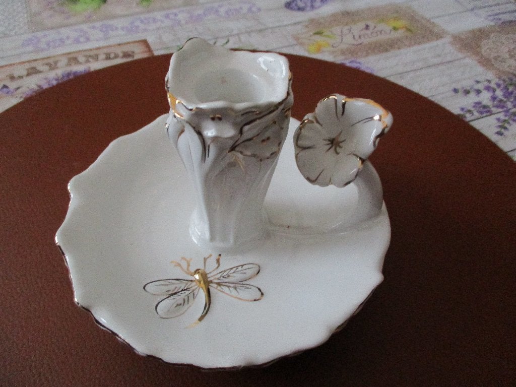 porseleinen kandelaar met bij en bloem, Overige materialen, 12 cm, Wit, Ophalen of Verzenden