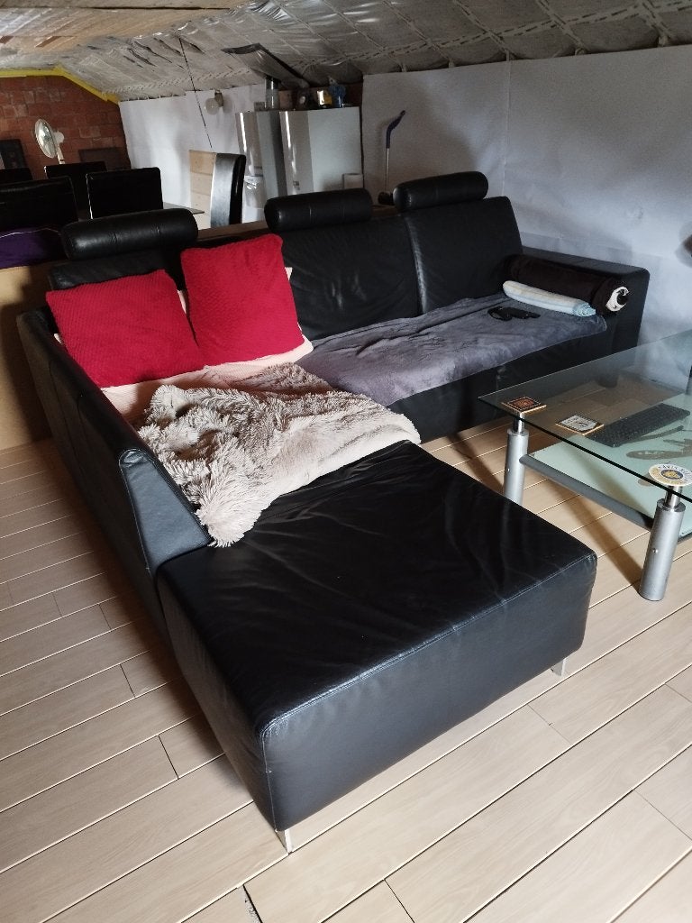 Zwart lederen hoek zetel L zetel, Ophalen, 250 tot 300 cm, Gebruikt, 100 tot 125 cm