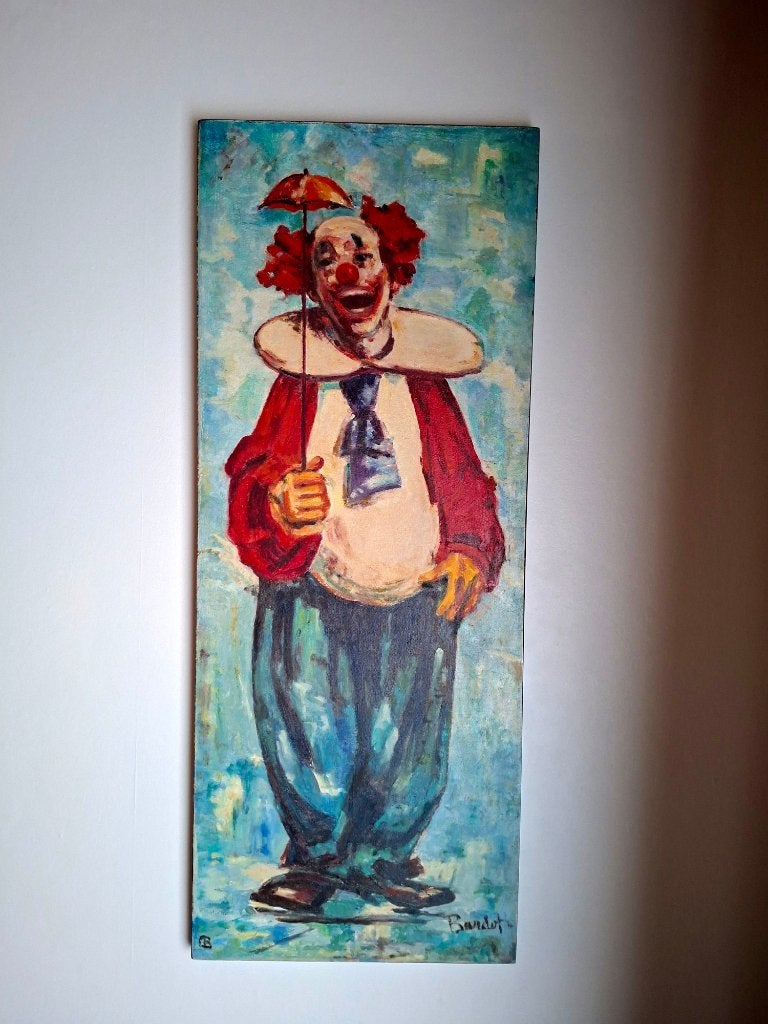 Vintage Mid-Century Schilderij 'Lachende Clown' - Bardot, Antiek en Kunst, Ophalen, Paneel, Portret of Personen, Olieverf