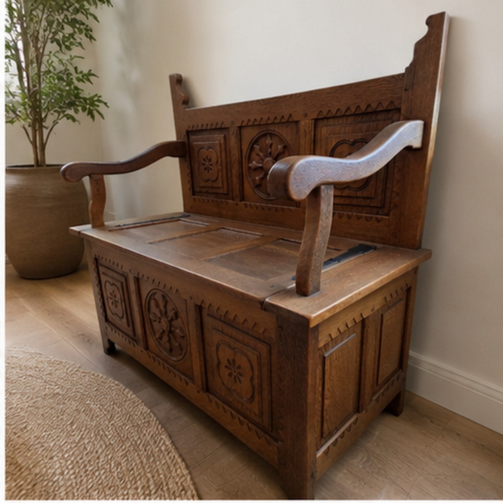 Banc ancien en chêne avec sculptures, Enlèvement