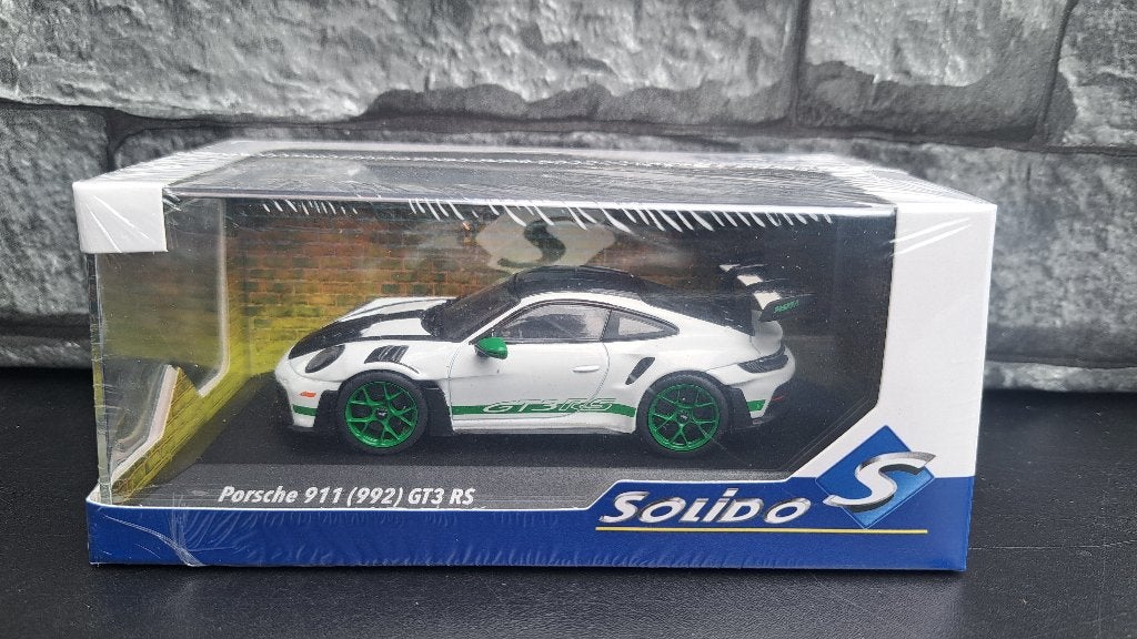 Porsche 911 (992) GT3 RS White w/Green 1/43ème, Hobby en Vrije tijd, Modelauto's | 1:43, Solido, Auto, Solido, Nieuw